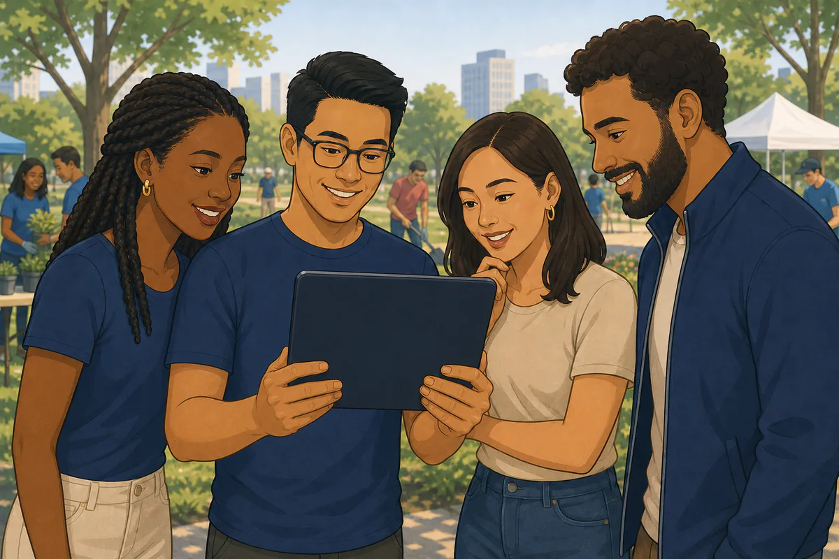 Company team gathered around a tablet at an outdoor community event