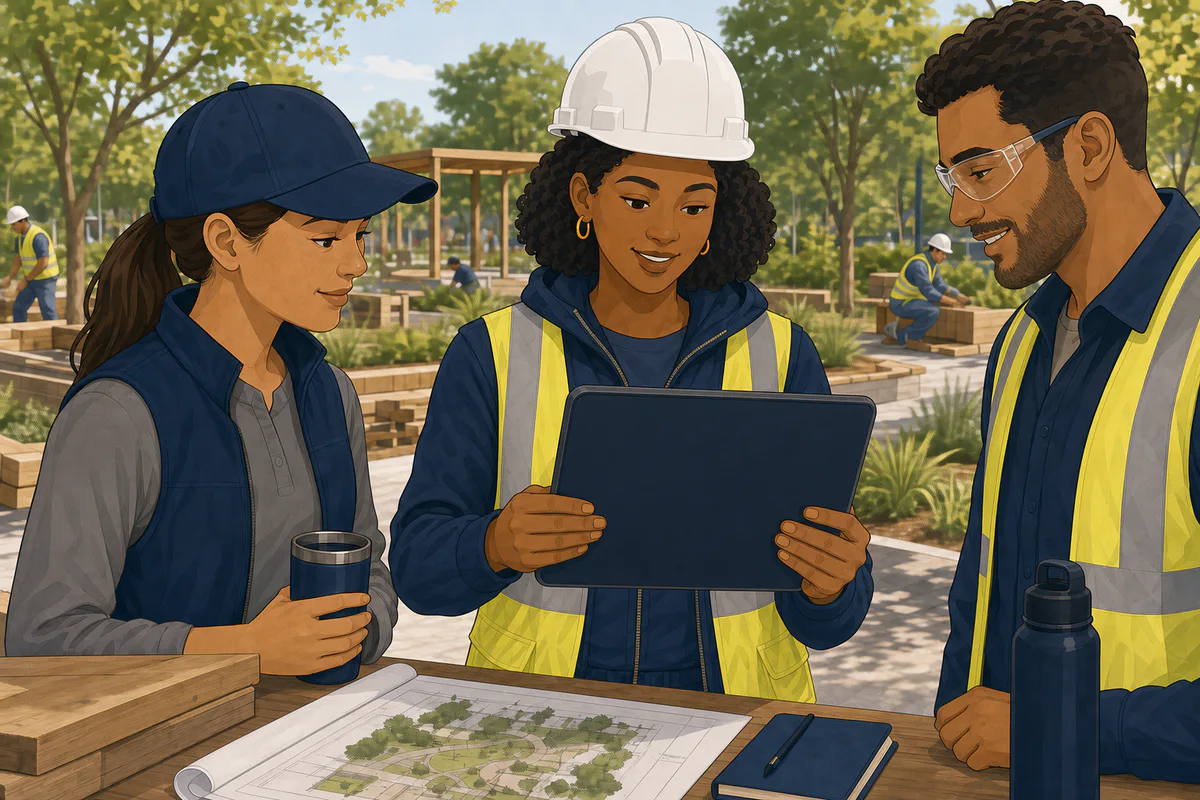 Project leader holding a tablet naturally with collaborators outdoors