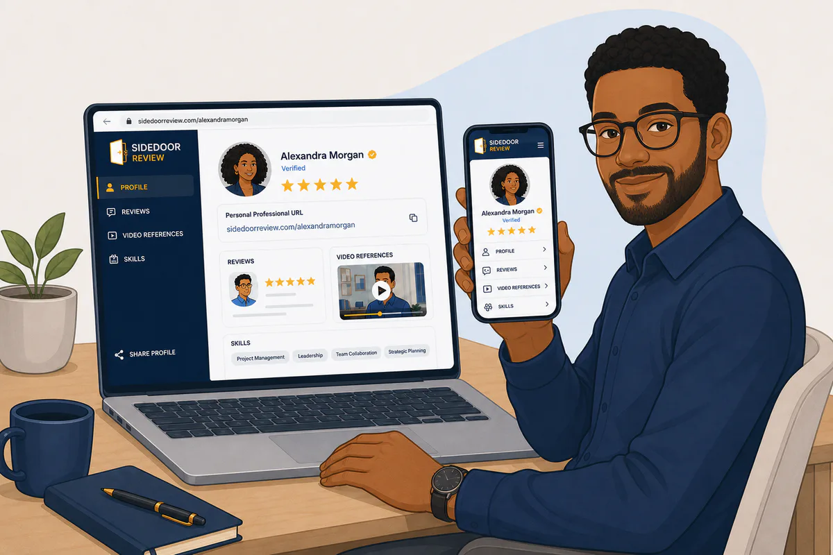 Professional sharing a verified Sidedoor profile from a laptop and phone